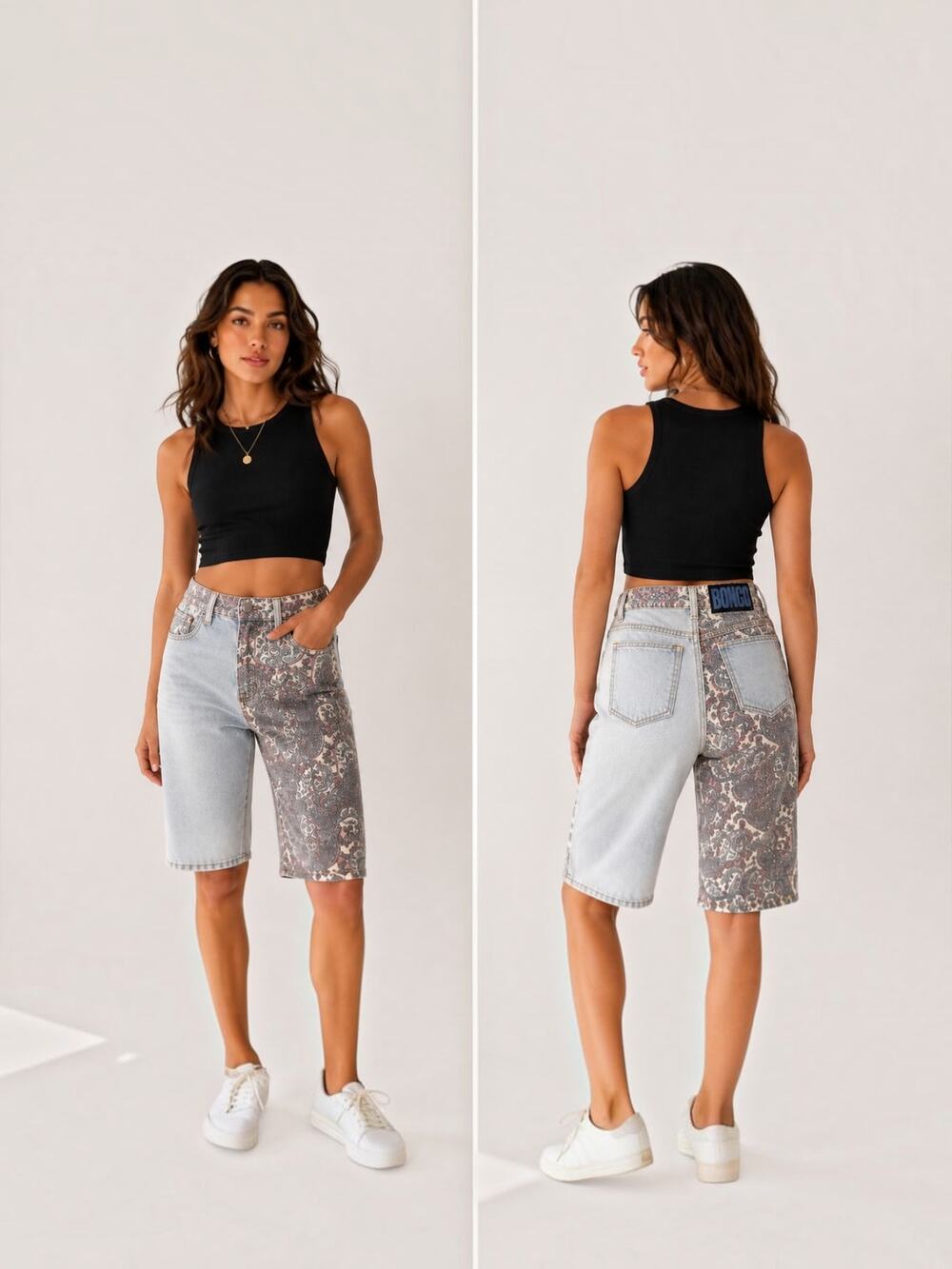 Vintage 90s Bongo Paisley Patchwork Denim Bermuda Shorts Jorts